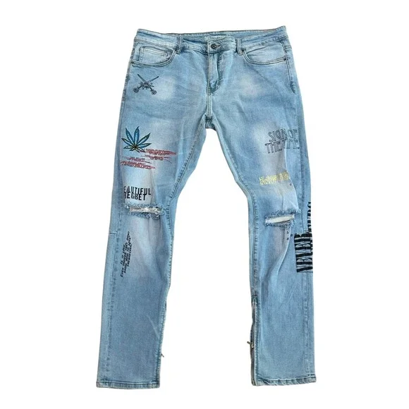 Crysp Denim Distressed Ripped Graphic Jean Light Wash Denim Men 38 Grunge Skater